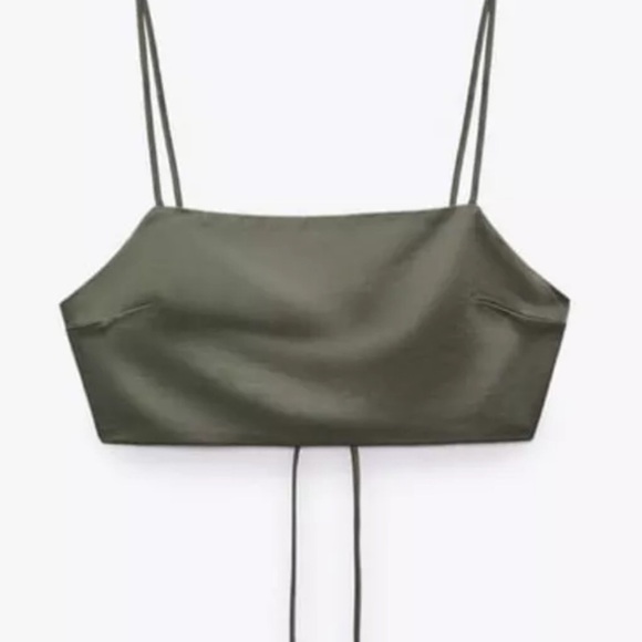 Zara khaki olive green linen blend boho festival open back strappy crop top NWT - Picture 1 of 11